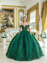 Elegant Off-Shoulder Ball Gown Quinceañera Dress with Glitter Tulle Skirt