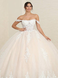 Exquisite Ivory Nude Floral Bridal Ball Gown with Lace-Up Basque Waist