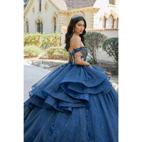 Elegant Navy Blue Layered Off-Shoulder Ball Gown with Floral Appliqué