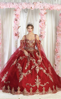 Regal Quinceanera Gown with Detachable Cape, Tulle Fabric, Gold Appliqué, Corset Closure