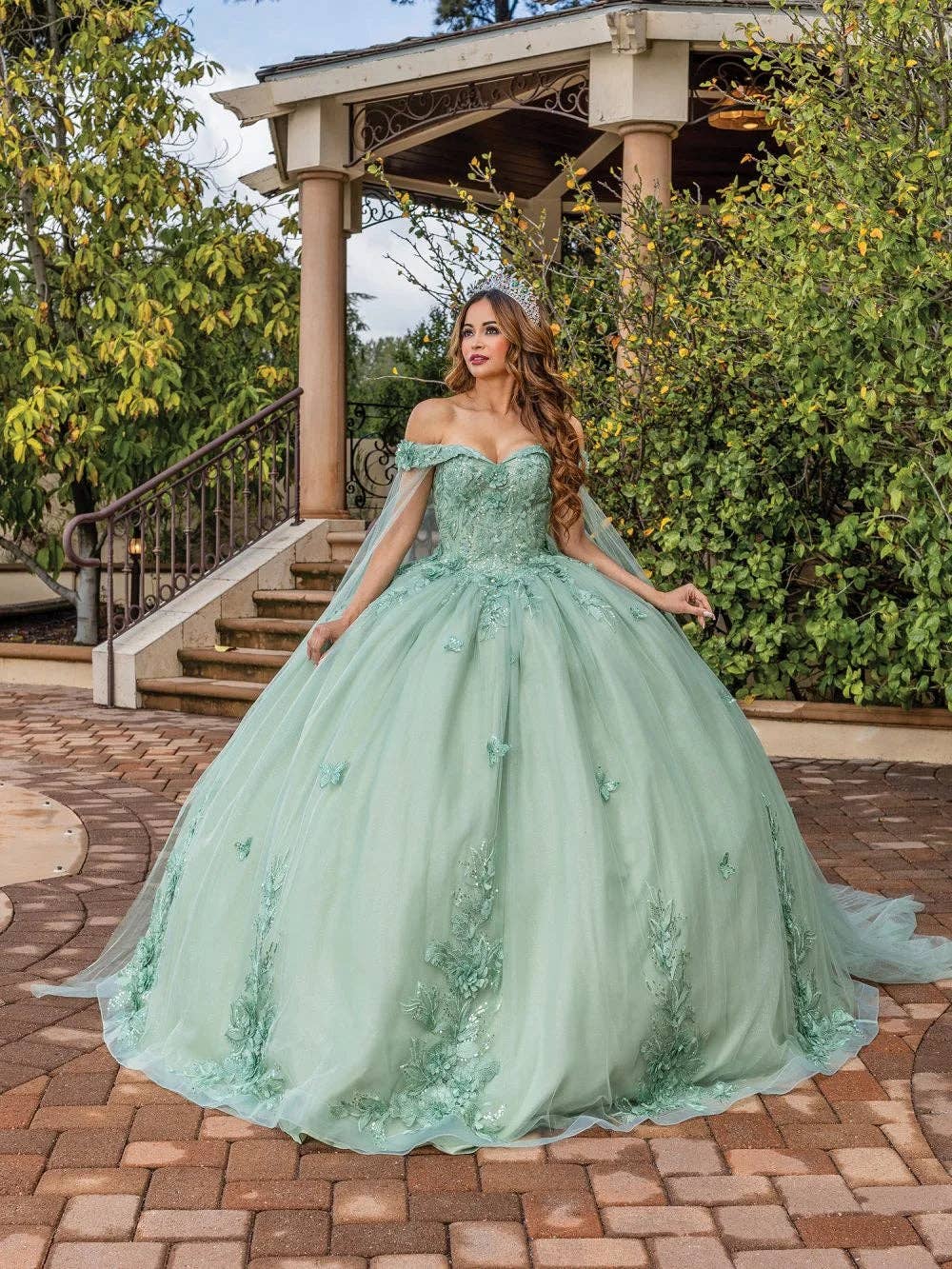 LA Merchandise LAQ1853 Sage Off-Shoulder Floral Applique Ball Gown with Cape