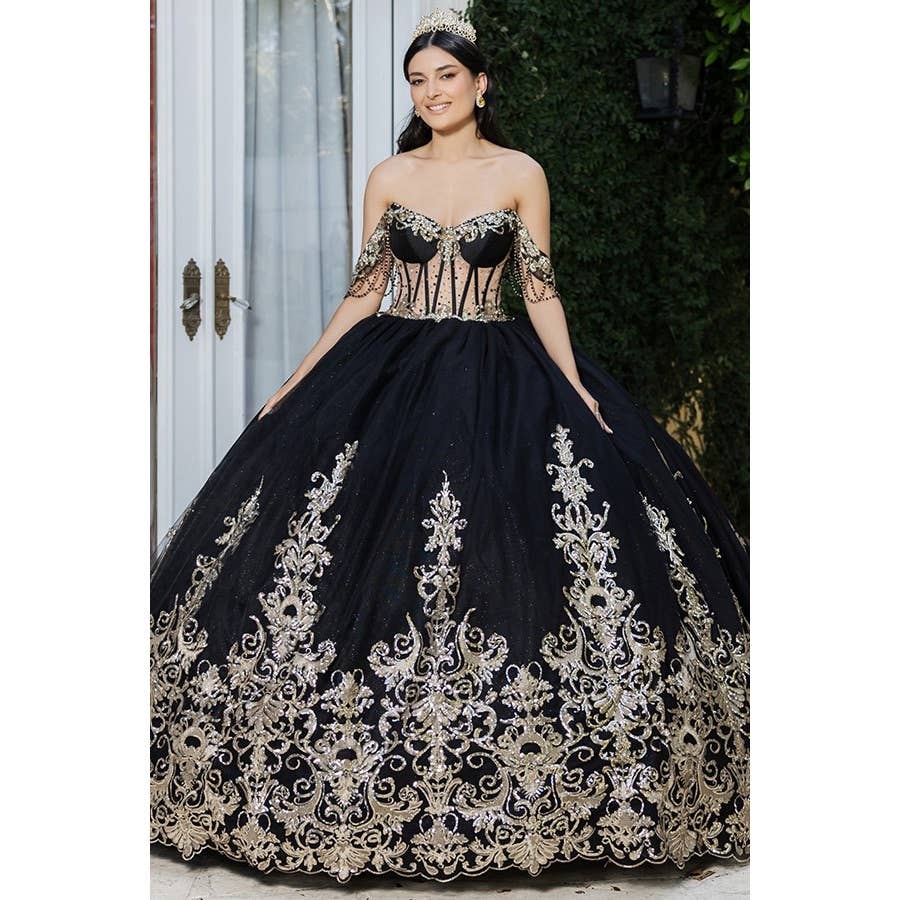 Regal Black Gold Off-Shoulder Metallic Embroidered Quinceanera Ball Gown Dream