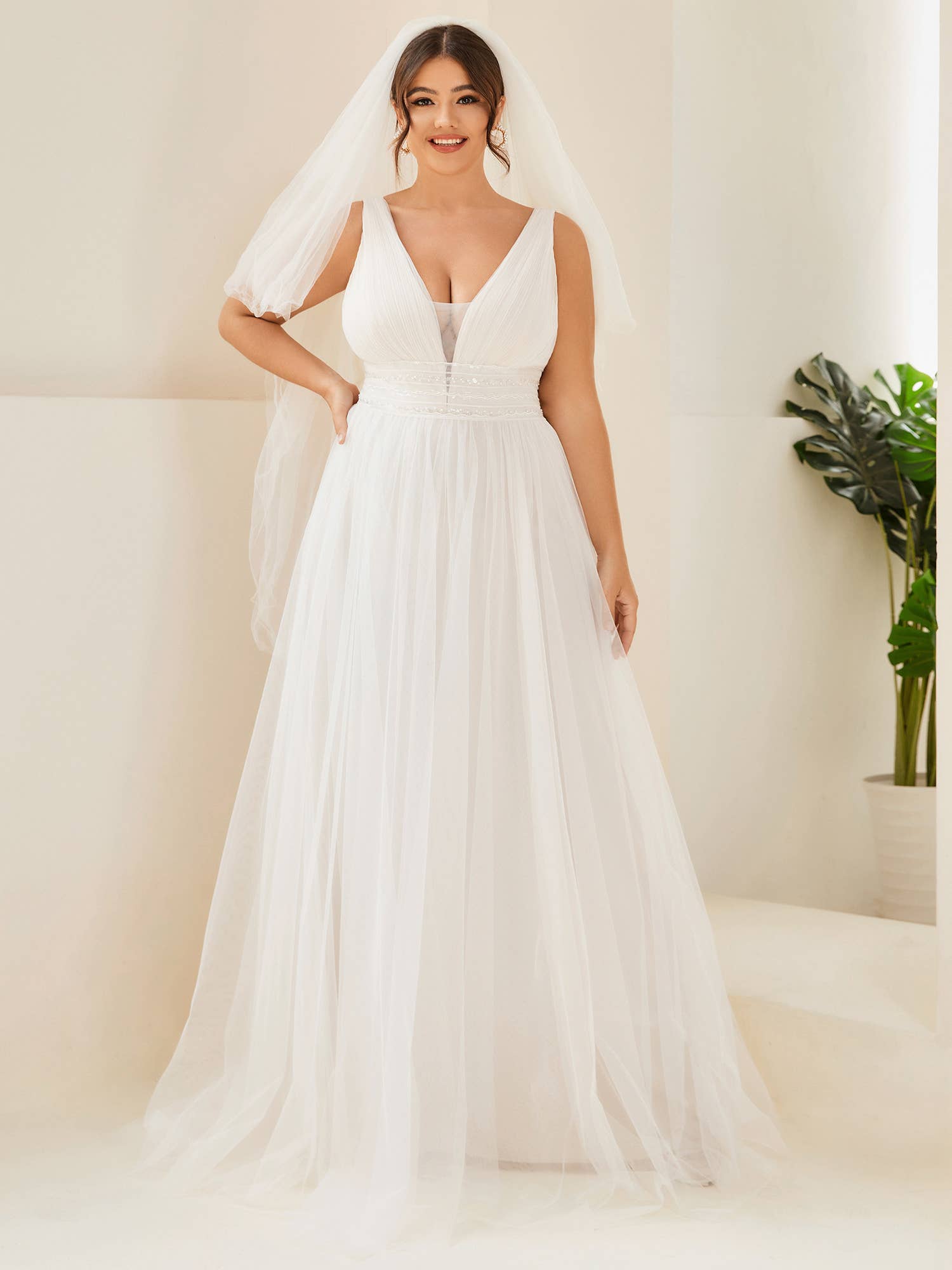 Elegant Backless A-Line Sleeveless Ivory Wedding Dress with Deep V-Neck