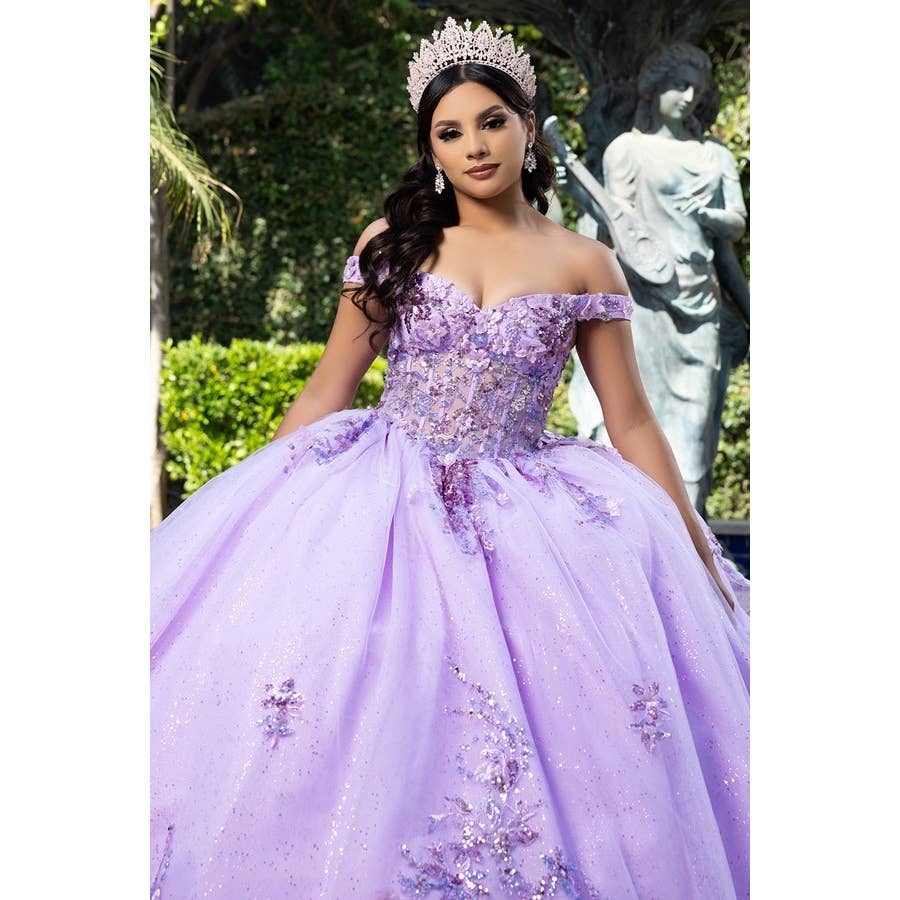 Elegant Off-Shoulder 3D Floral Applique Quinceanera Gown with Lace-Up Back