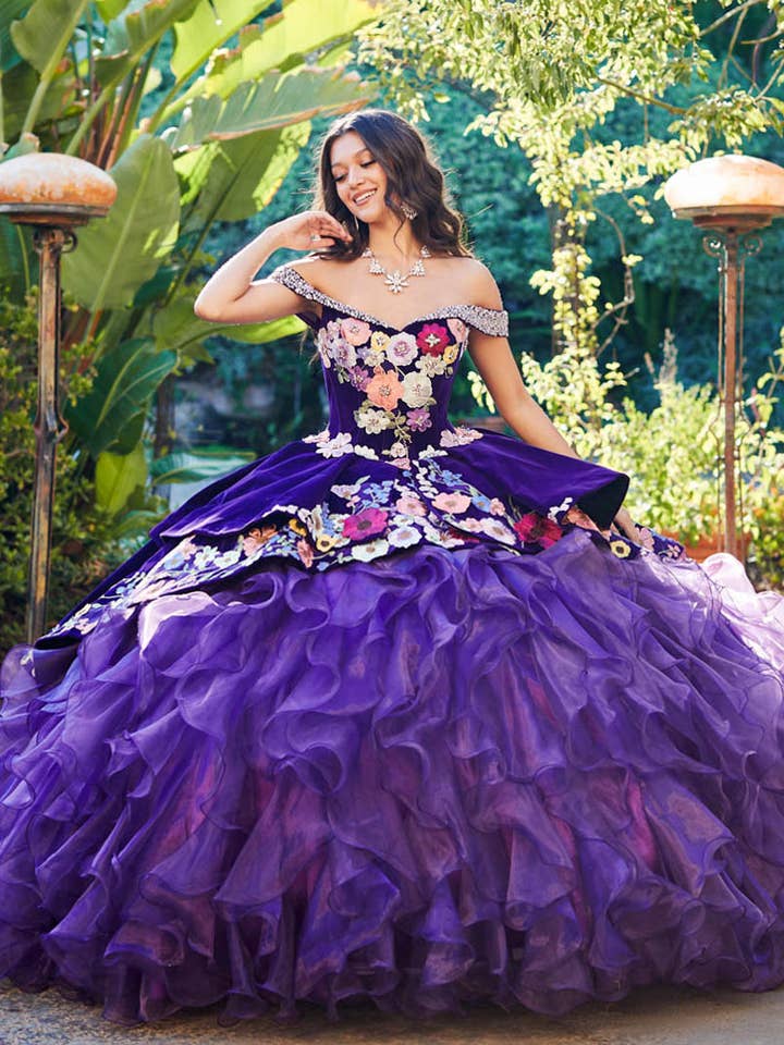 Stunning Purple Charro Floral Quinceanera Ball Gown with Iridescent Gemstones