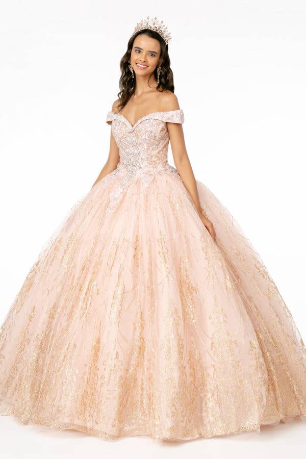 Sparkling Glitter Mesh Quinceanera Gown with Cut-Away Shoulders & Sweetheart Neckline