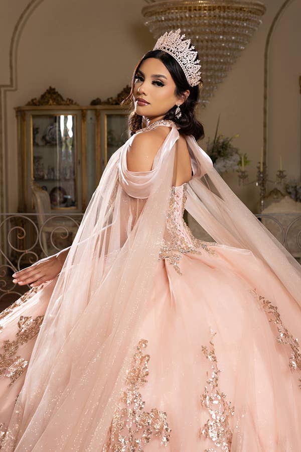Stunning A-Line Quinceanera Ball Gown with Neckband Capelet & Glitter Sparkle