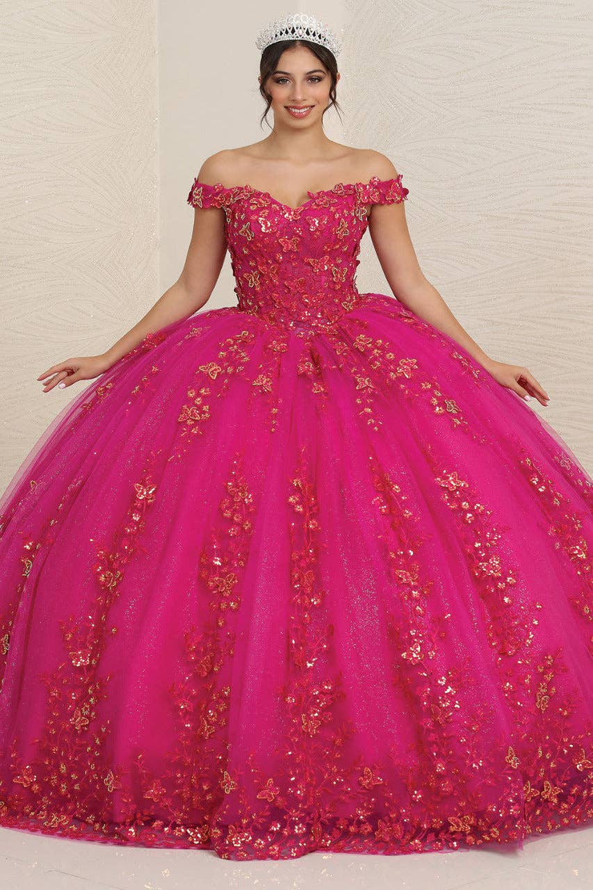 Elegant Off-Shoulder Butterfly Applique Prom Gown with Glitter Tulle Skirt