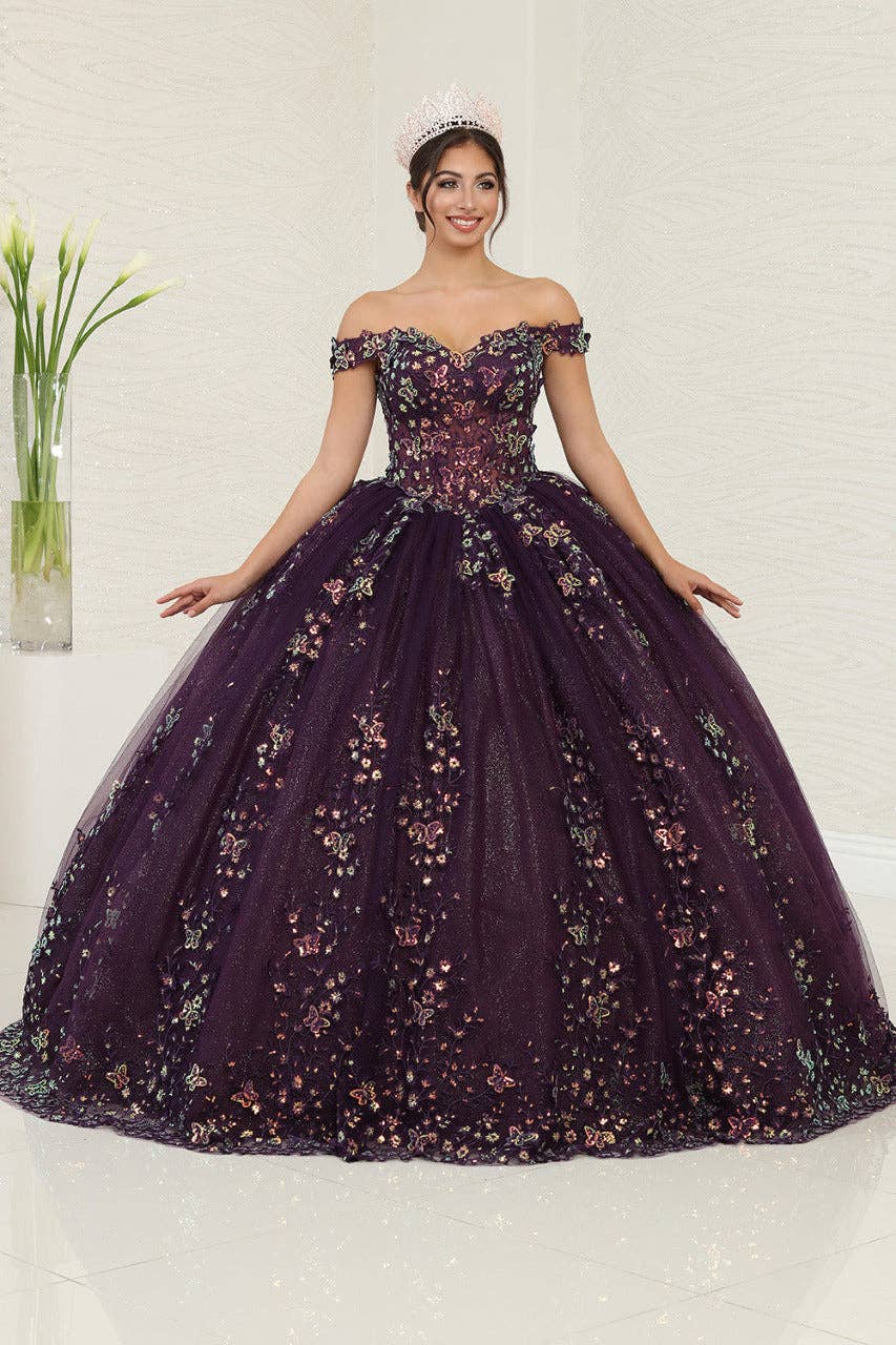 Elegant Off-Shoulder Butterfly Applique Prom Gown with Glitter Tulle Skirt