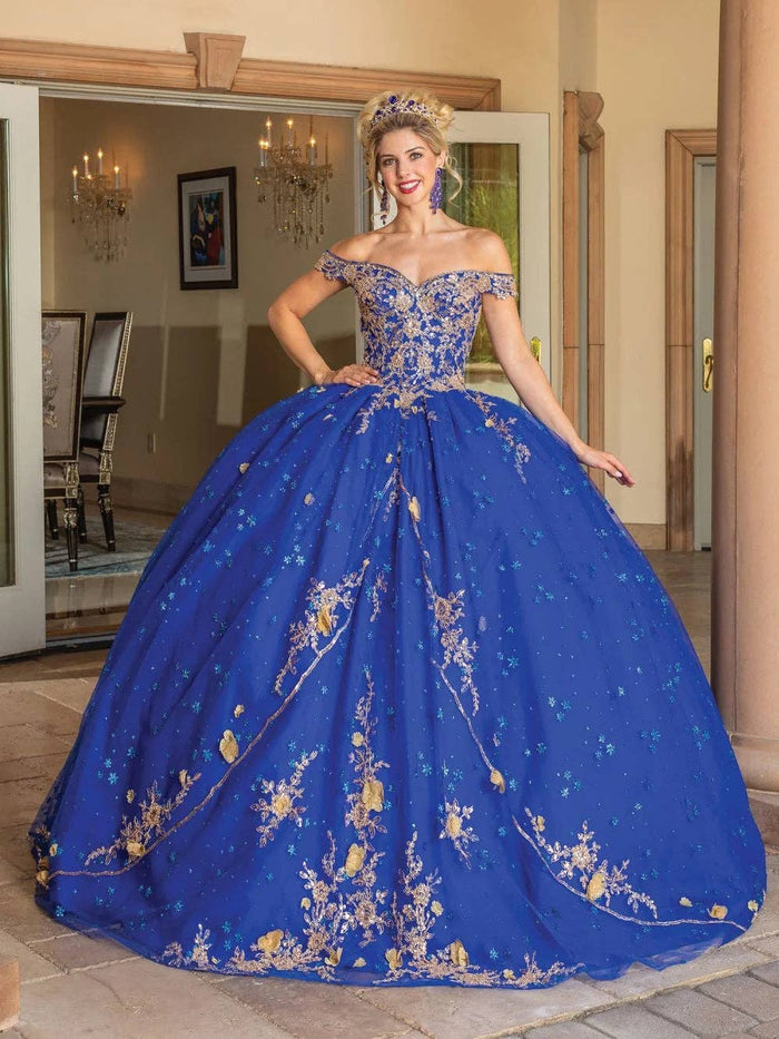 Royal Blue Princess Ball Gown: Off-Shoulder Quinceañera Dress with Gold Embroidery