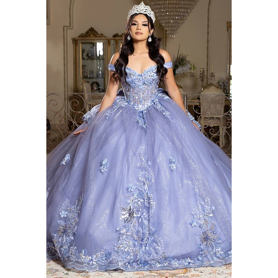 Elegant Off-Shoulder 3D Floral Applique Quinceanera Gown with Lace-Up Back
