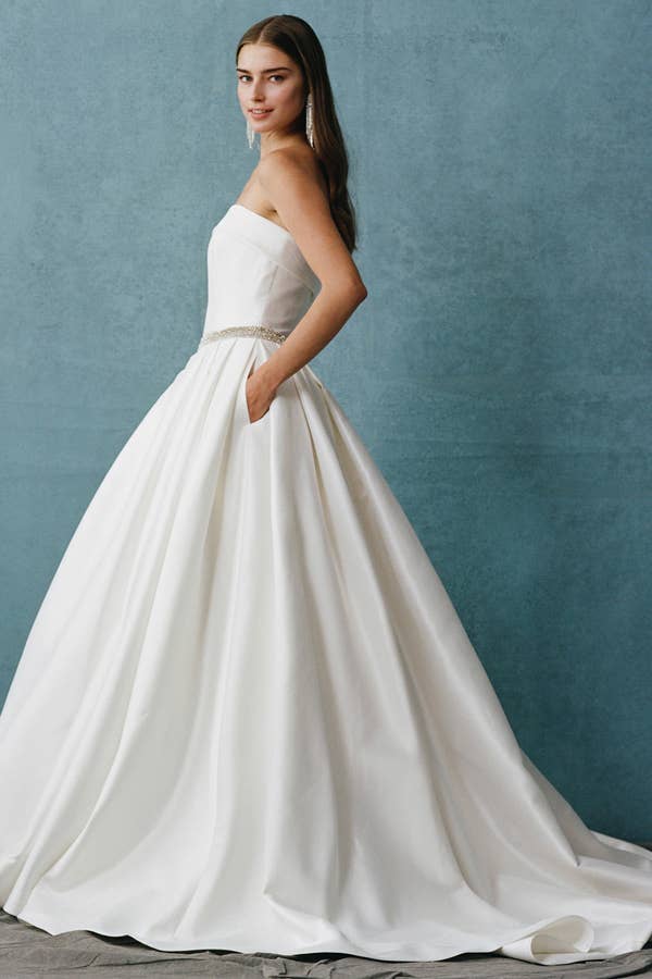 Elegant Strapless A-Line Mikado Wedding Gown with Pockets & Beaded Belt