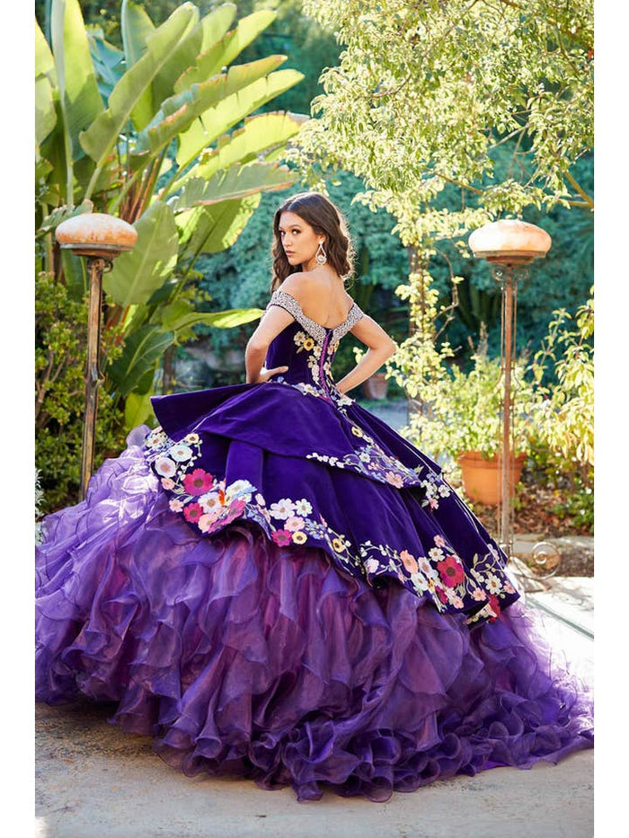 Stunning Purple Charro Floral Quinceanera Ball Gown with Iridescent Gemstones