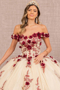 Elegant 3-D Flower Embroidered Off-Shoulder Mesh Quinceanera Ball Gown