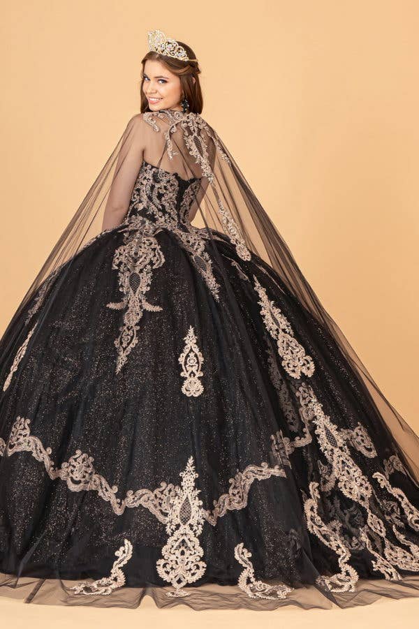Elegant Glitter Jewel Embellished Quinceanera Ball Gown with Long Mesh Cape