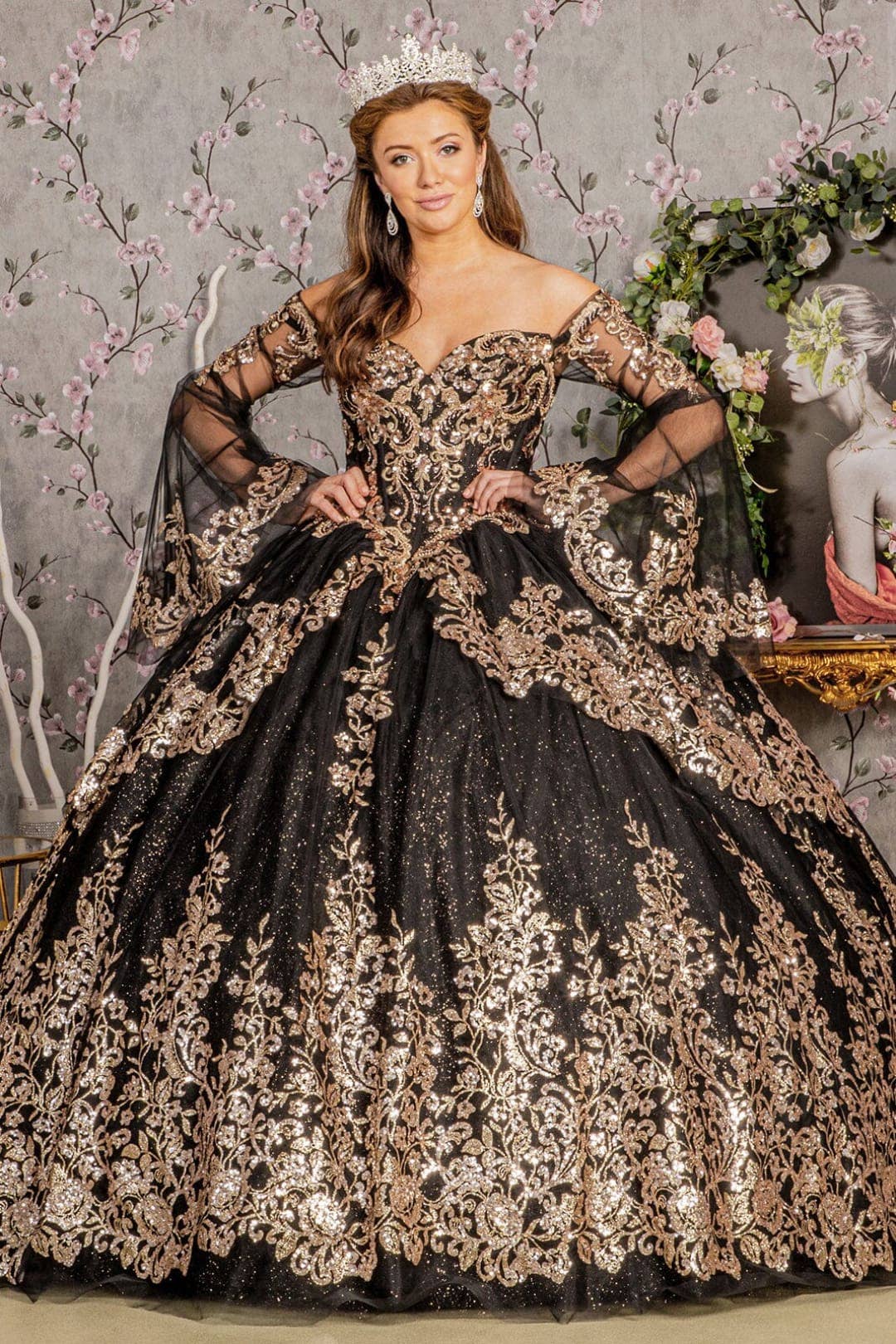 Exquisite Off-Shoulder Black & Gold Quinceañera Ball Gown with Glitter Tulle