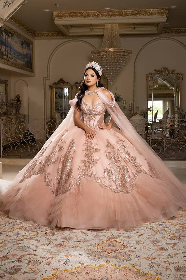 Stunning A-Line Quinceanera Ball Gown with Neckband Capelet & Glitter Sparkle