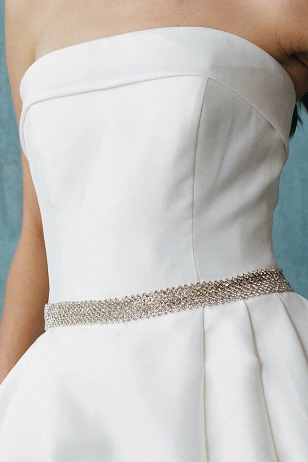 Elegant Strapless A-Line Mikado Wedding Gown with Pockets & Beaded Belt