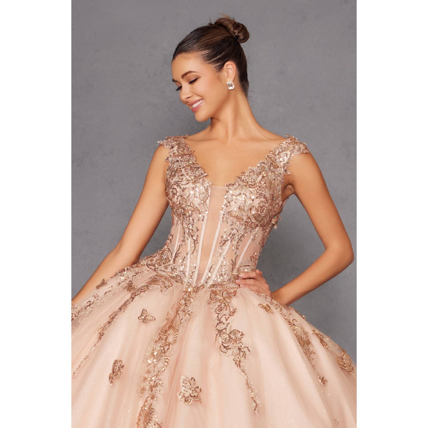 Elegant Rose Gold Sequin Off-Shoulder Ball Gown for Formal Occasions