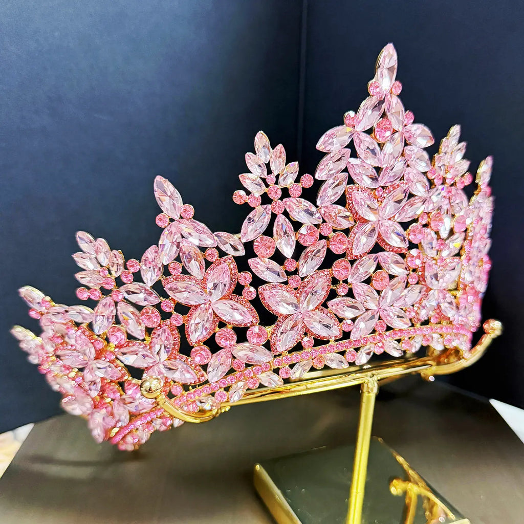 Wholesale Quinceanera Crown, Pink Crystal Crown, Prom Gold Headdress