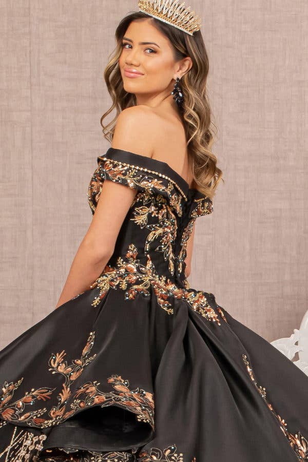 Elegant Off-Shoulder Satin Quinceanera Ball Gown with Dazzling Gold Embroidery