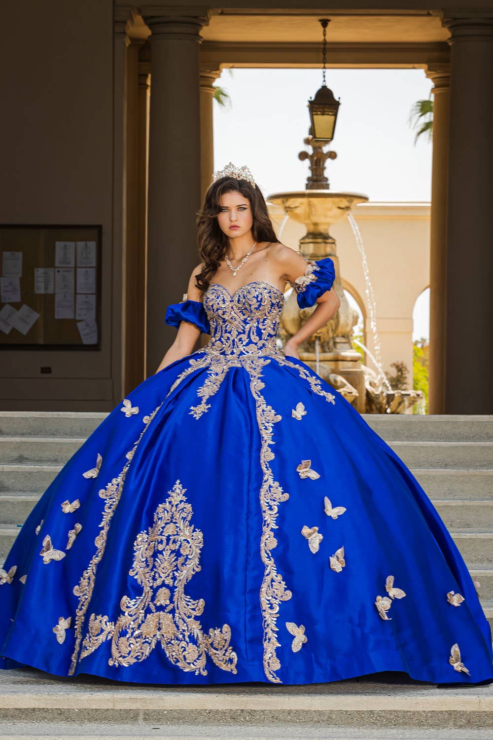 Stunning Royal Blue/Red Quinceañera Ball Gown with Golden Butterfly Accents