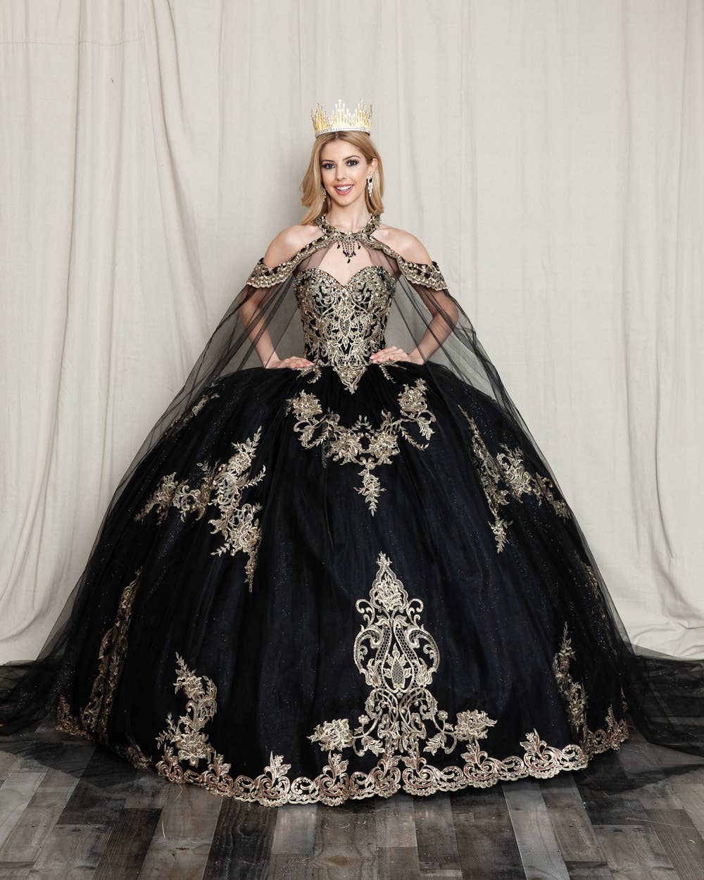 Elegant Princess Vanessa Ball Gown with Glitter Tulle and Gold Embroidery