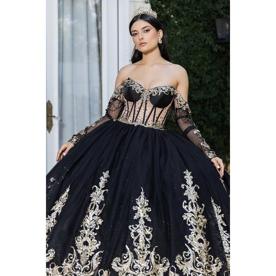 Regal Black Gold Off-Shoulder Metallic Embroidered Quinceanera Ball Gown Dream