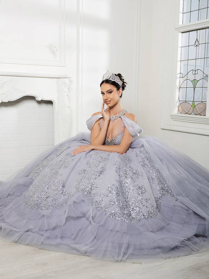 Wholesale Quinceañera Ball Gown with Detachable Cape and Glitter Appliqué By LA284