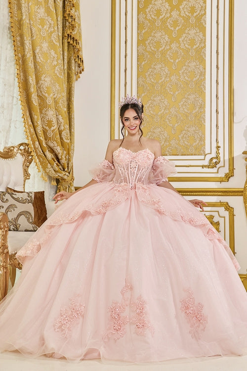 Linda Mariposa 3D Floral Puff Sleeve Dress - Style #5099 - Blush