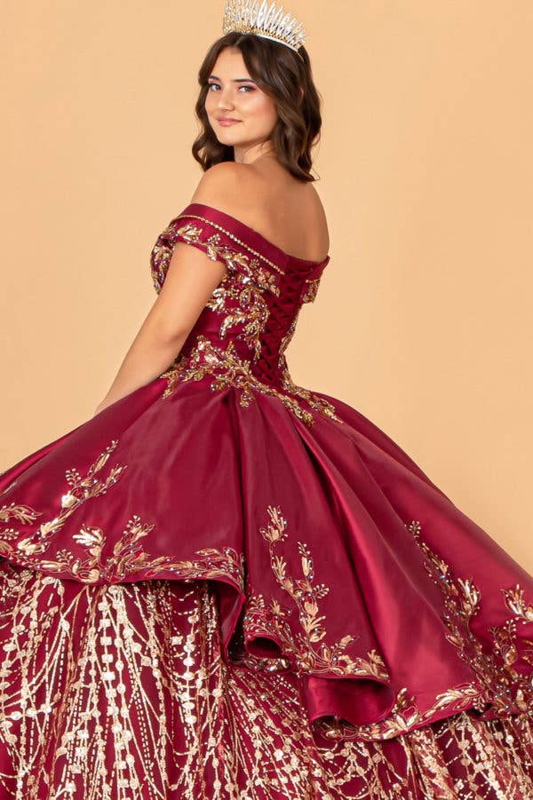 Elegant Off-Shoulder Satin Quinceanera Ball Gown with Dazzling Gold Embroidery