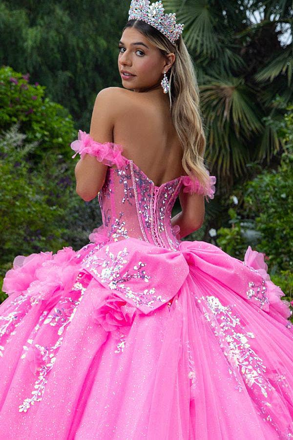 Stunning Off-Shoulder Pink Ball Gown with 3D Floral Appliques & Glitter