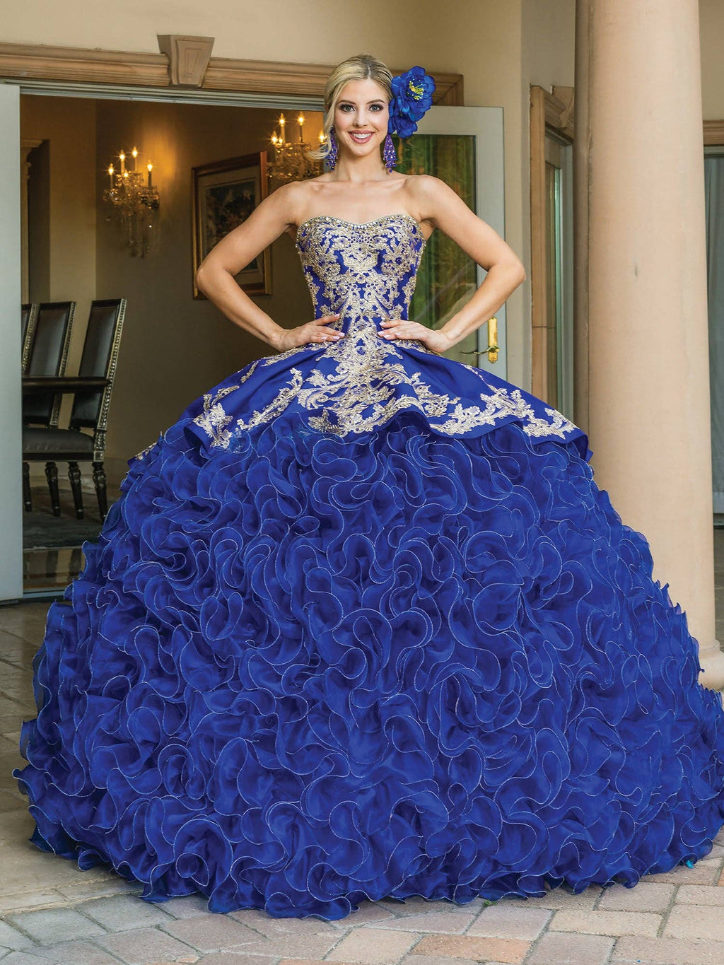 Exquisite Royal Blue Quinceañera Ball Gown with Gold Embroidery Ruffles