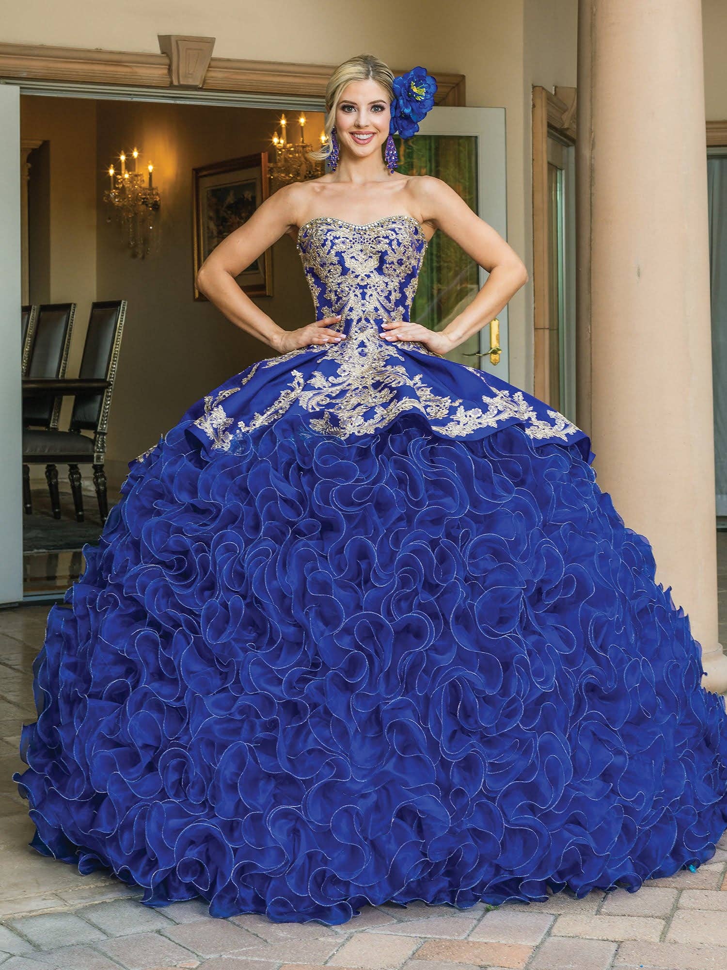 Exquisite Royal Blue Quinceañera Ball Gown with Gold Embroidery Ruffles
