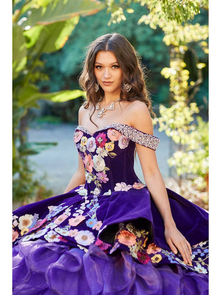 Stunning Purple Charro Floral Quinceanera Ball Gown with Iridescent Gemstones