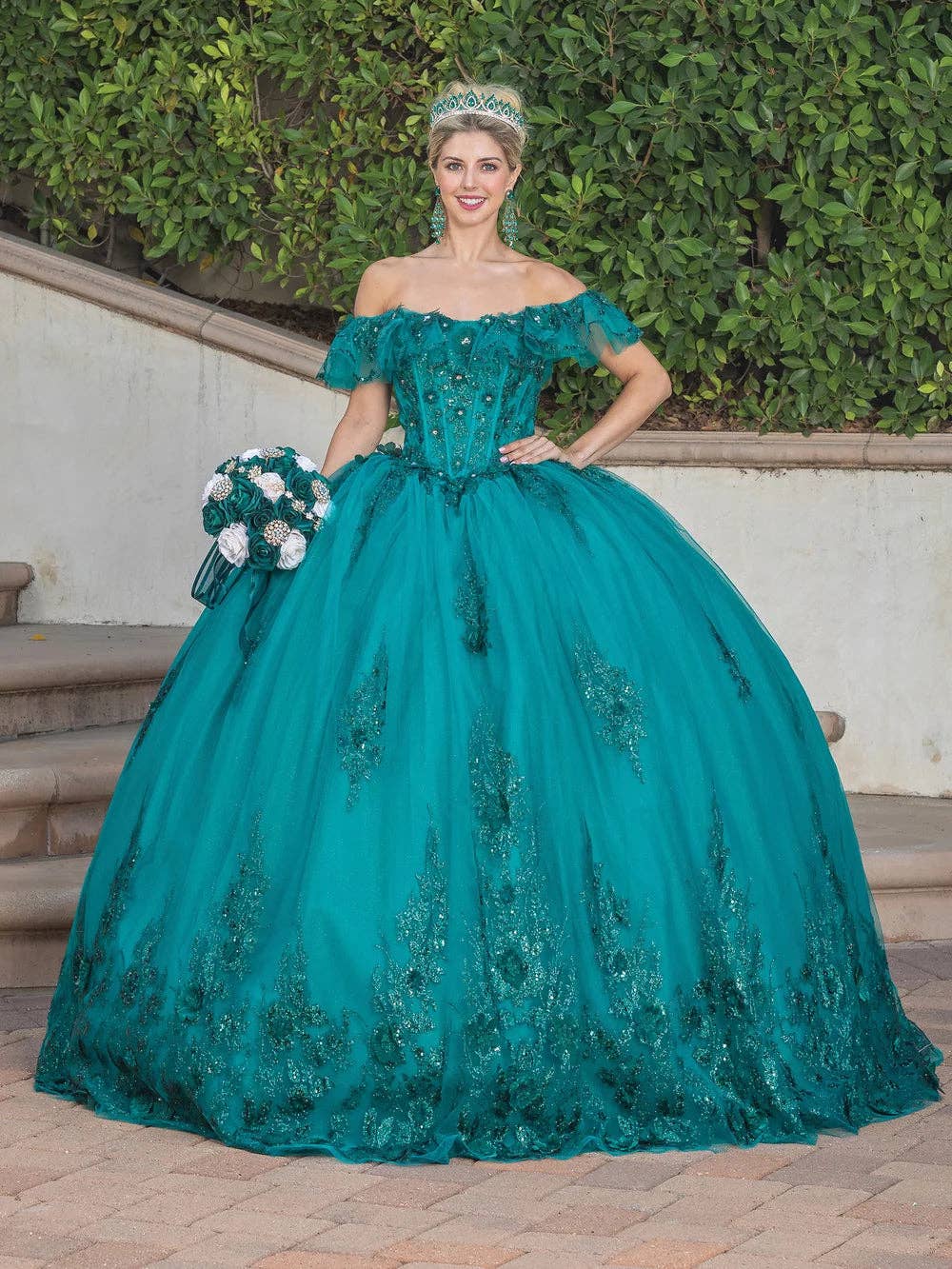 Elegant Teal Off-Shoulder Quinceañera Ball Gown, Beaded Corset, Glitter Tulle