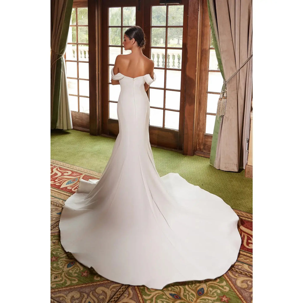 Elegant Satin Off-Shoulder A-line Wedding Dress with Sheer Boned Back