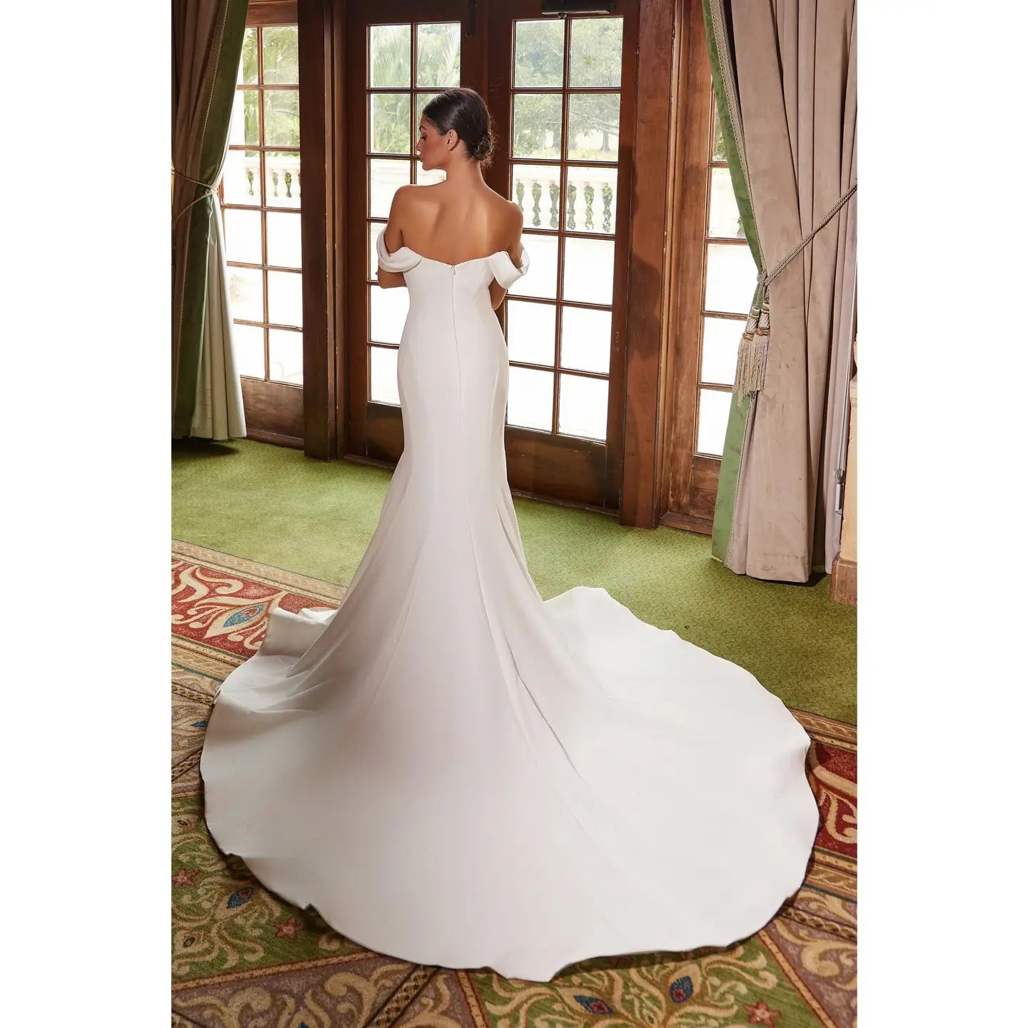 Elegant Satin Off-Shoulder A-line Wedding Dress with Sheer Boned Back