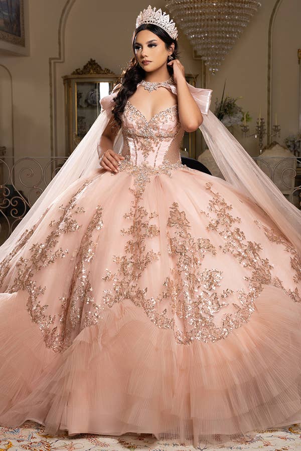Stunning A-Line Quinceanera Ball Gown with Neckband Capelet & Glitter Sparkle