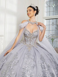 Quinceañera Ball Gown with Detachable Cape and Glitter