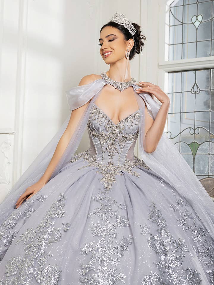 Wholesale Quinceañera Ball Gown with Detachable Cape and Glitter Appliqué By LA284