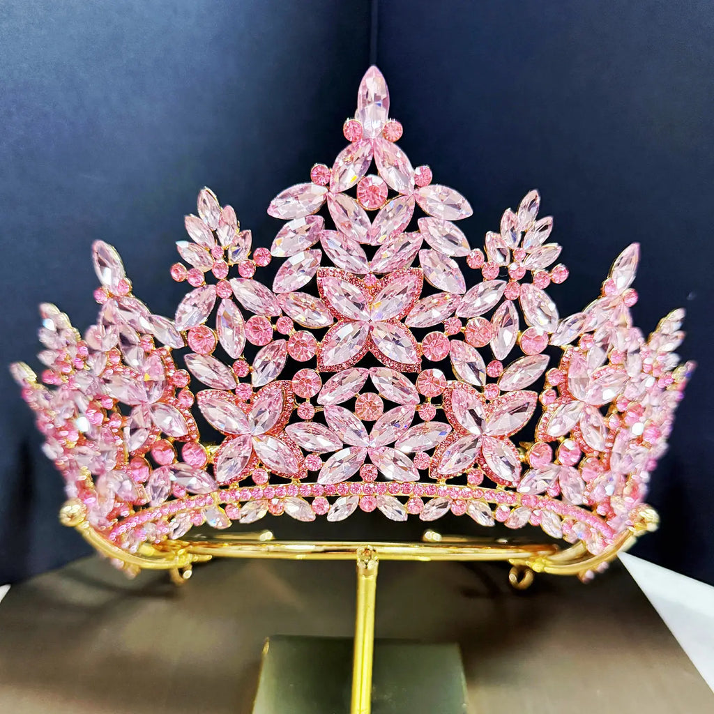 Wholesale Quinceanera Crown, Pink Crystal Crown, Prom Gold Headdress