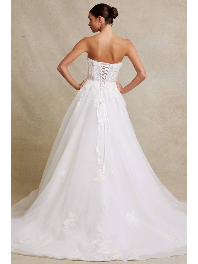 Elegant Strapless 3D Floral Applique A-Line Wedding Gown with Illusion Design