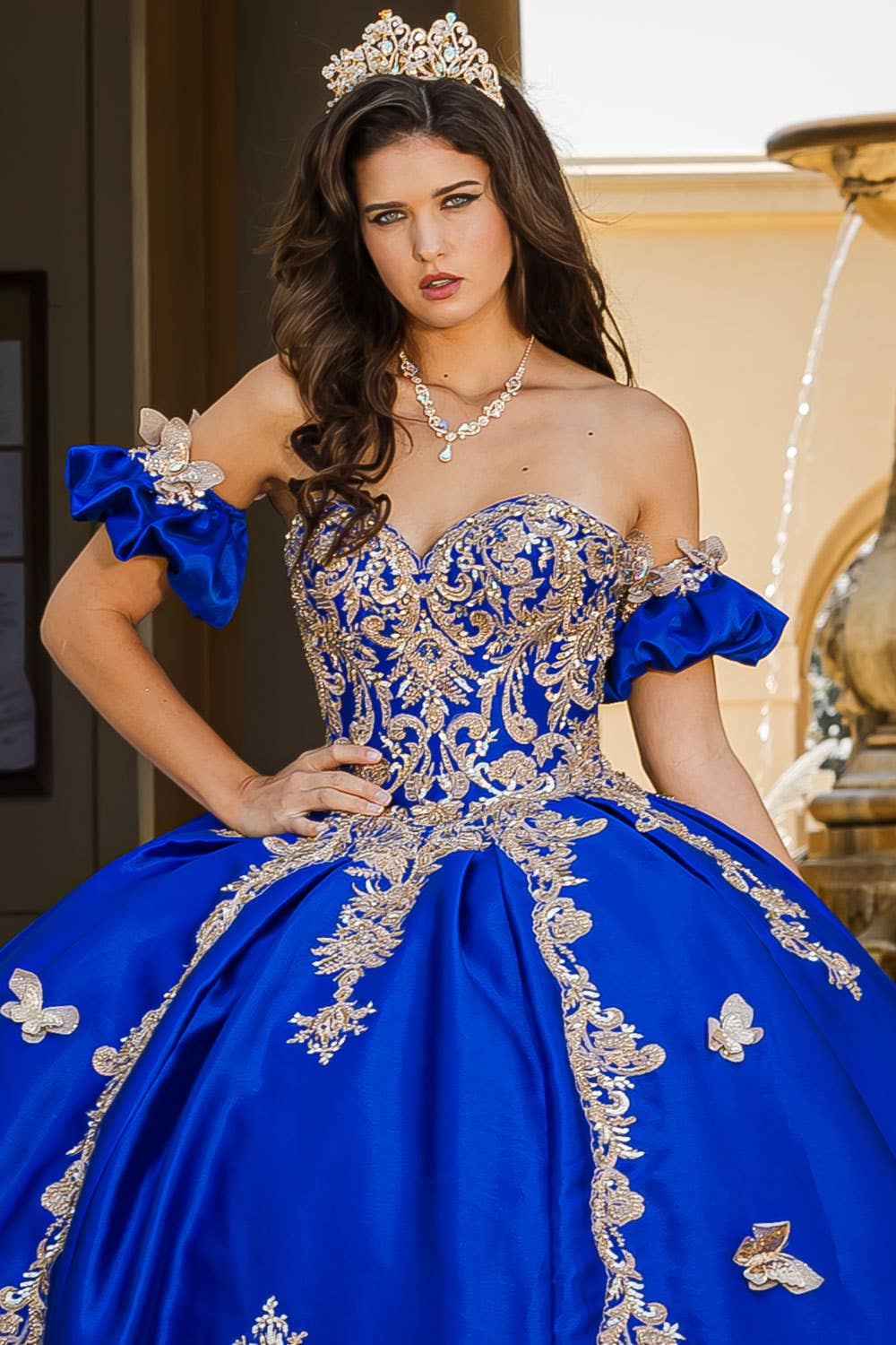 Stunning Royal Blue/Red Quinceañera Ball Gown with Golden Butterfly Accents