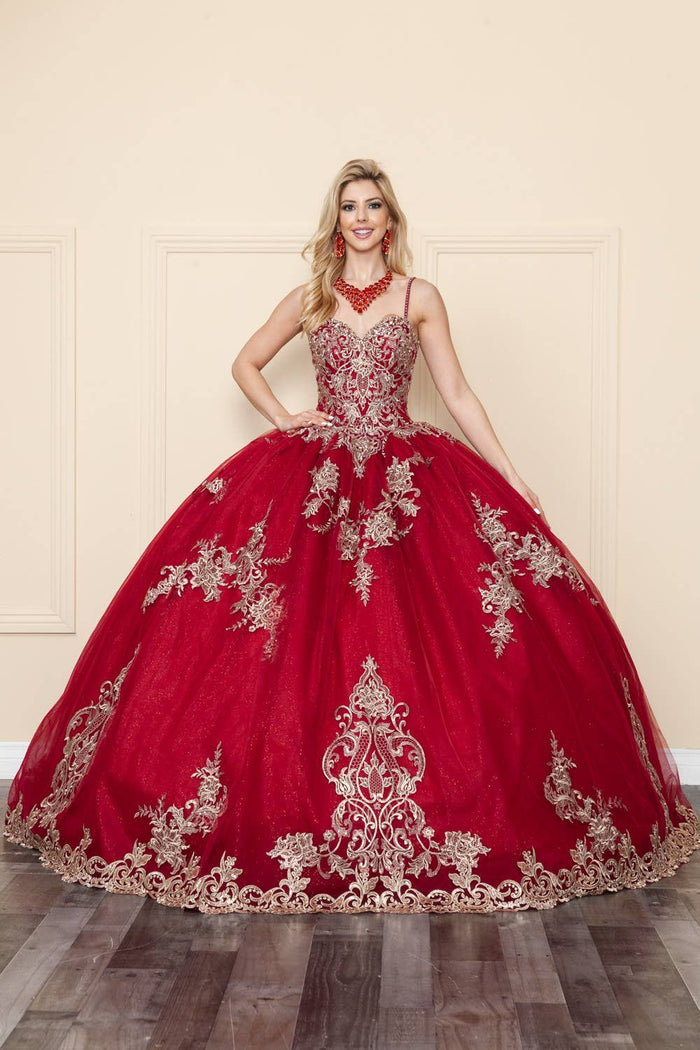 Princess Vanessa Mexican Quinceañera Dress with Gold Embroidery & Glitter Tulle