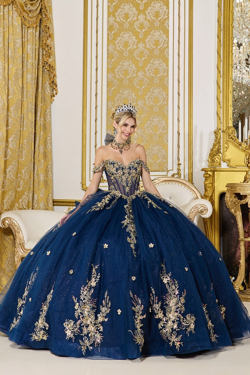 Linda Mariposa Gold & Navy Royal Dress - Style #5128 - Navy Blue