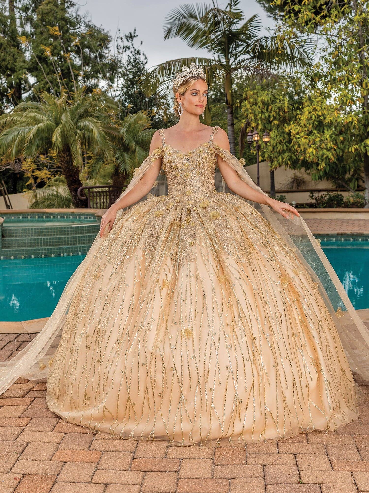 Elegant Gold Quinceañera Ball Gown with Dazzling 3D Floral Appliques and Tulle