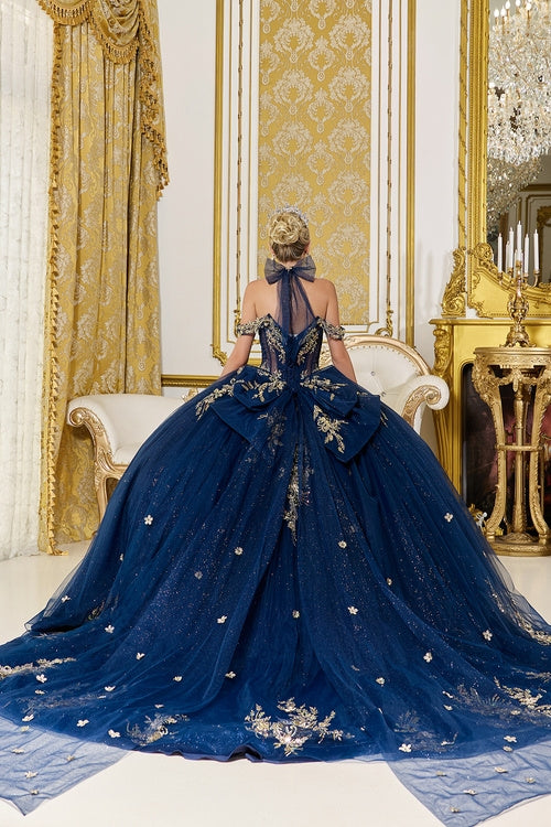 Linda Mariposa Gold & Navy Royal Dress - Style #5128 - Navy Blue