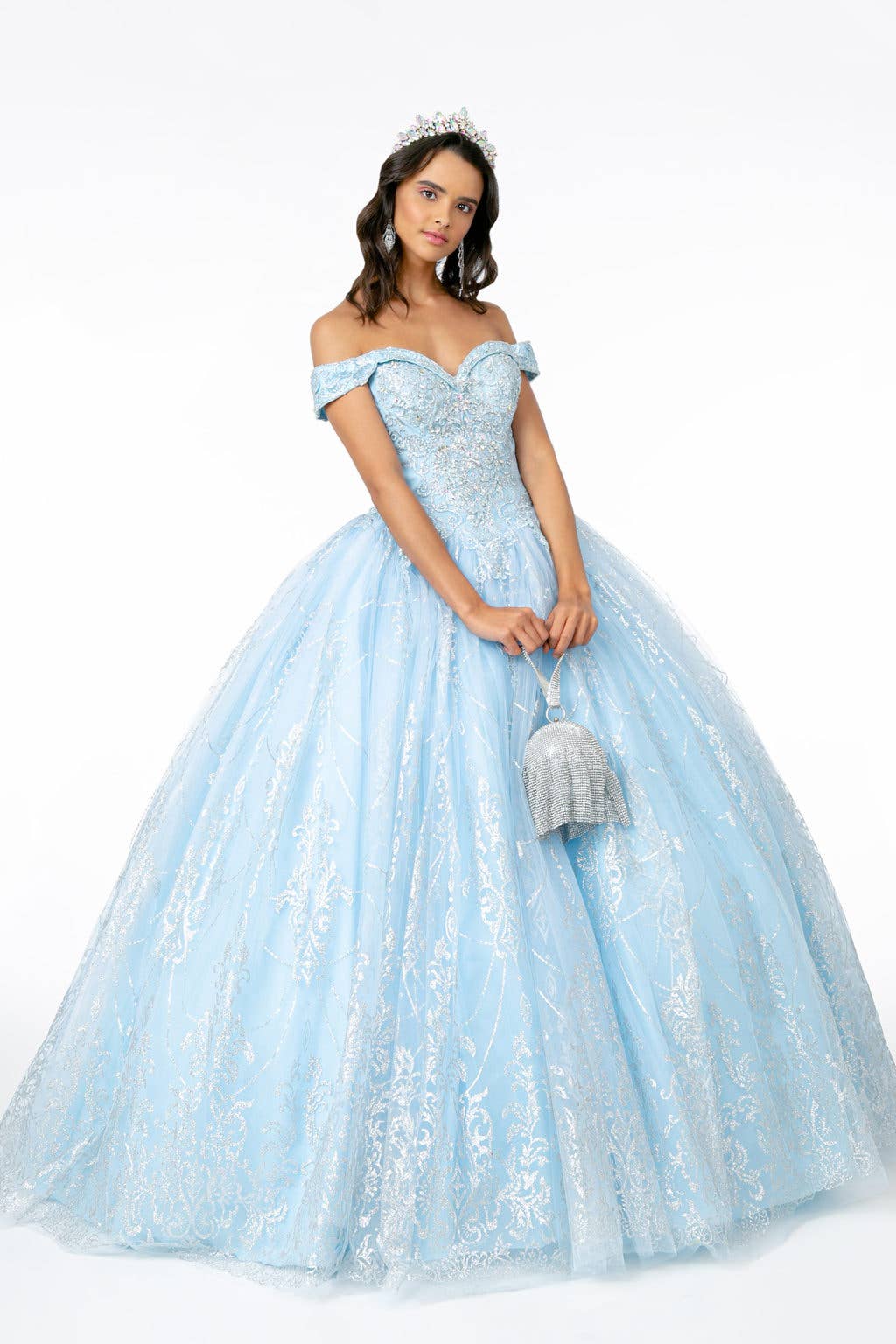 Sparkling Glitter Mesh Quinceanera Gown with Cut-Away Shoulders & Sweetheart Neckline