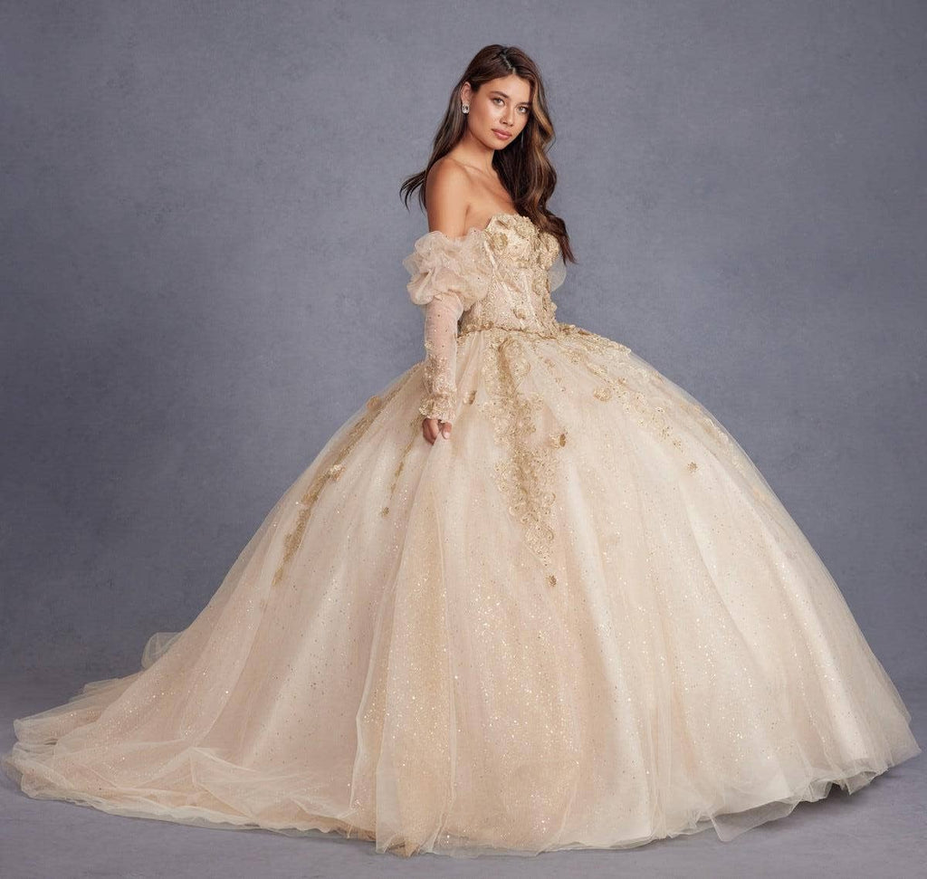 Elegant Champagne 3D Floral Applique Puff Sleeve Quinceanera Ball Gown